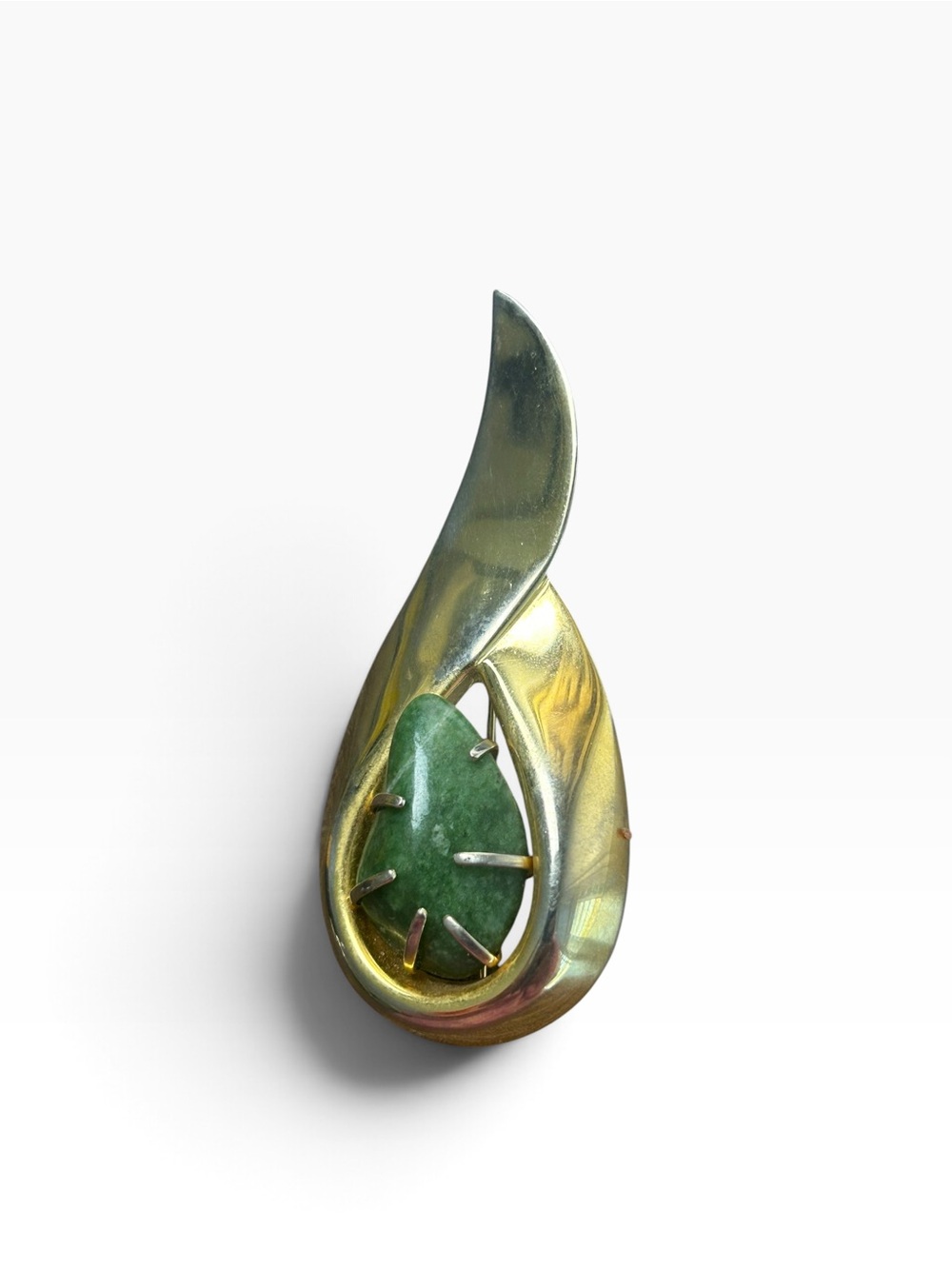 Gold Tone Green Stone Modernist Swirl Brooch Pin
